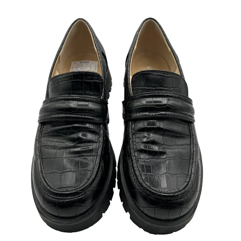 Nine West New Women 8.5 Black Croc-Embossed Chunky Lug Sole Slip On Loafers Y2K